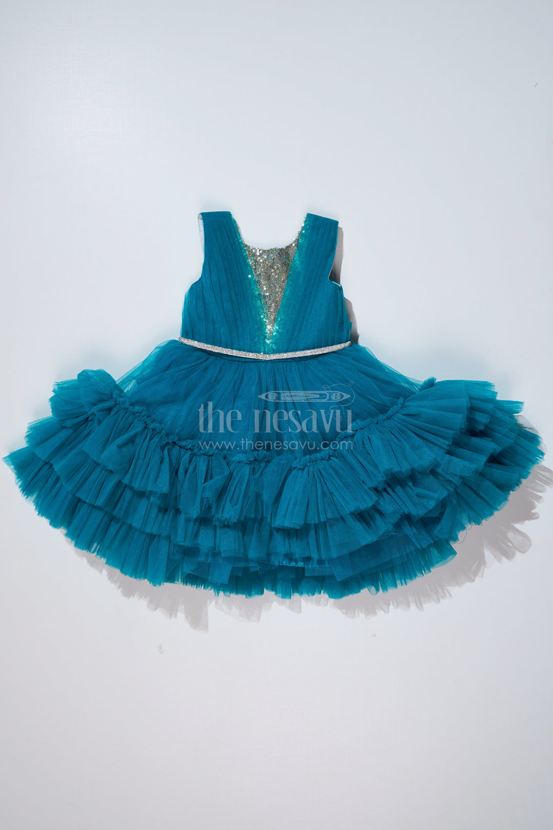 The Nesavu Girls Fancy Party Frock Charming Green Wedding Party Dress for Girls with Cascading Ruffles and Sparkling Details Nesavu 16 (1Y) / Green PF196C-16 Nesavu Green Wedding Party Dress Girls Ruffled Net Sparkling Sequin Design