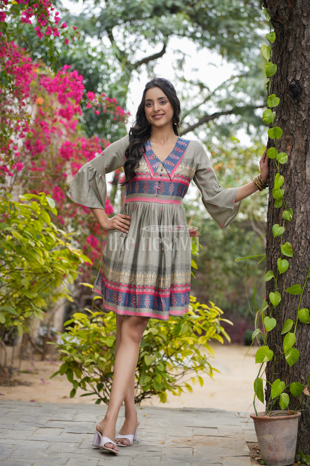 Grey Georgette Christmas Outfits Ladies Pink Embroidery Bell Sleeves
