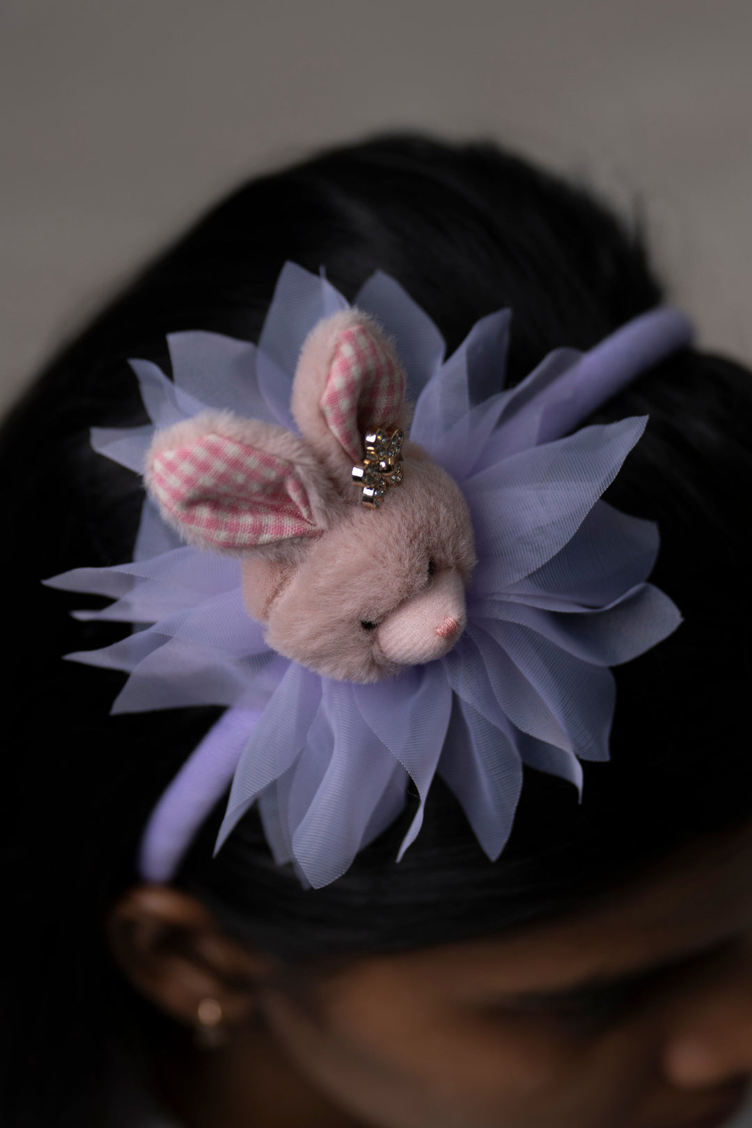 The Nesavu Hair Band Charming Lavender Bunny Hairbow with Tulle and Crystal Detail Nesavu Purple JHB80B Lavender Bunny Bow with Tulle and Crystals | Whimsical Hair Accessory for Children | The Nesavu