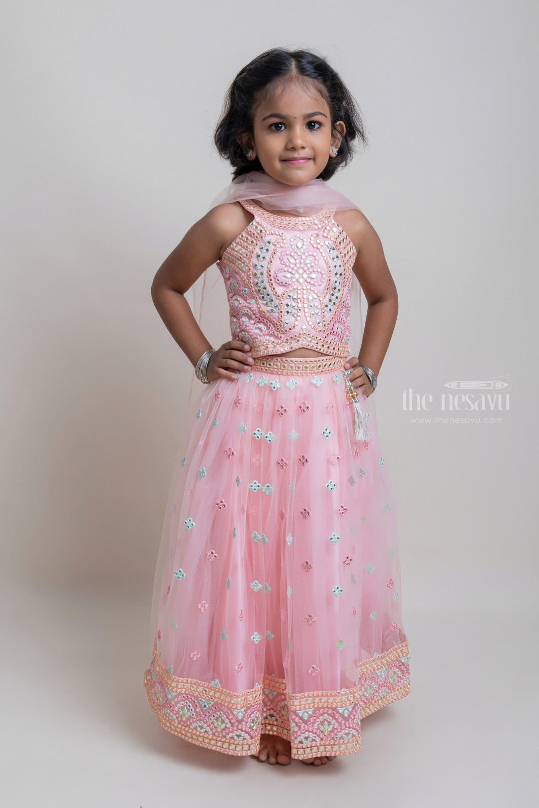 The Nesavu Lehenga & Ghagra Charming Lite Pink Mirror Embroidery Choli With Gorgeous Lehenga For Girls Nesavu 12 (3M) / Pink / Net GL328-12 Festive Wear For Girls | Latest Lehanga Collection | The Nesavu