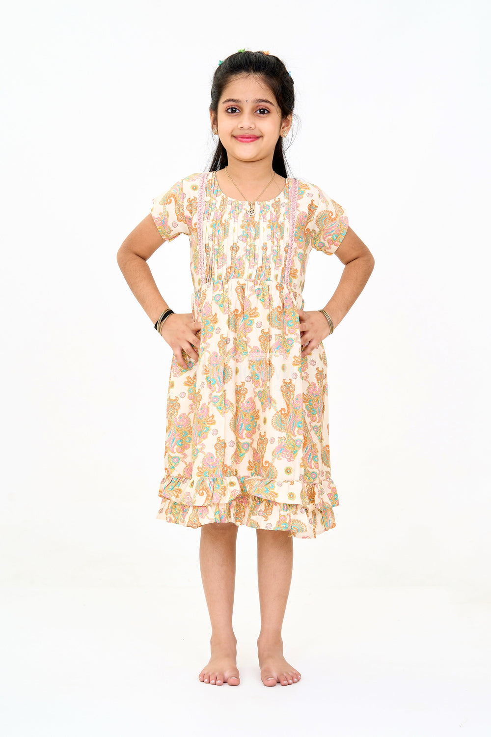The Nesavu Girls Cotton Frock Charming Multicolor Girls Cotton Midi Frock with Floral Prints and Ruffled Hem Nesavu 16 (1Y) / Multicolor GFC1593A-16 Nesavu Charming Multicolor Girls Cotton Midi Frock Floral Prints Ruffled Hem