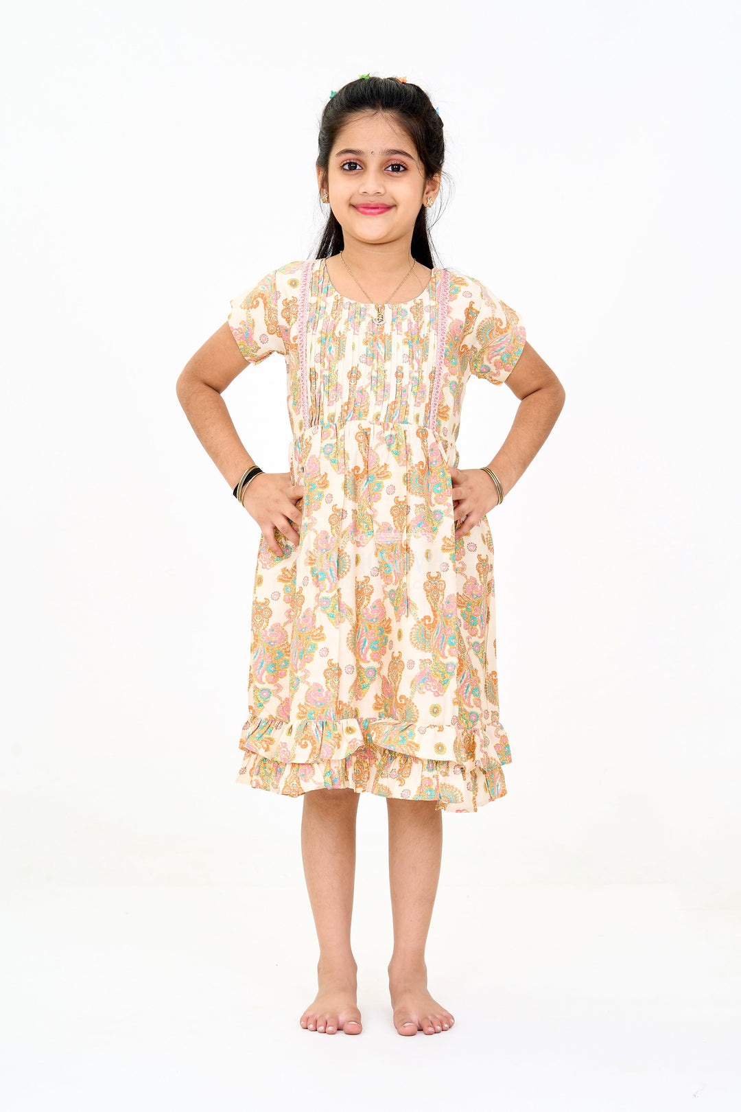 The Nesavu Girls Cotton Frock Charming Multicolor Girls Cotton Midi Frock with Floral Prints and Ruffled Hem Nesavu 16 (1Y) / Multicolor GFC1593A-16 Nesavu Charming Multicolor Girls Cotton Midi Frock Floral Prints Ruffled Hem