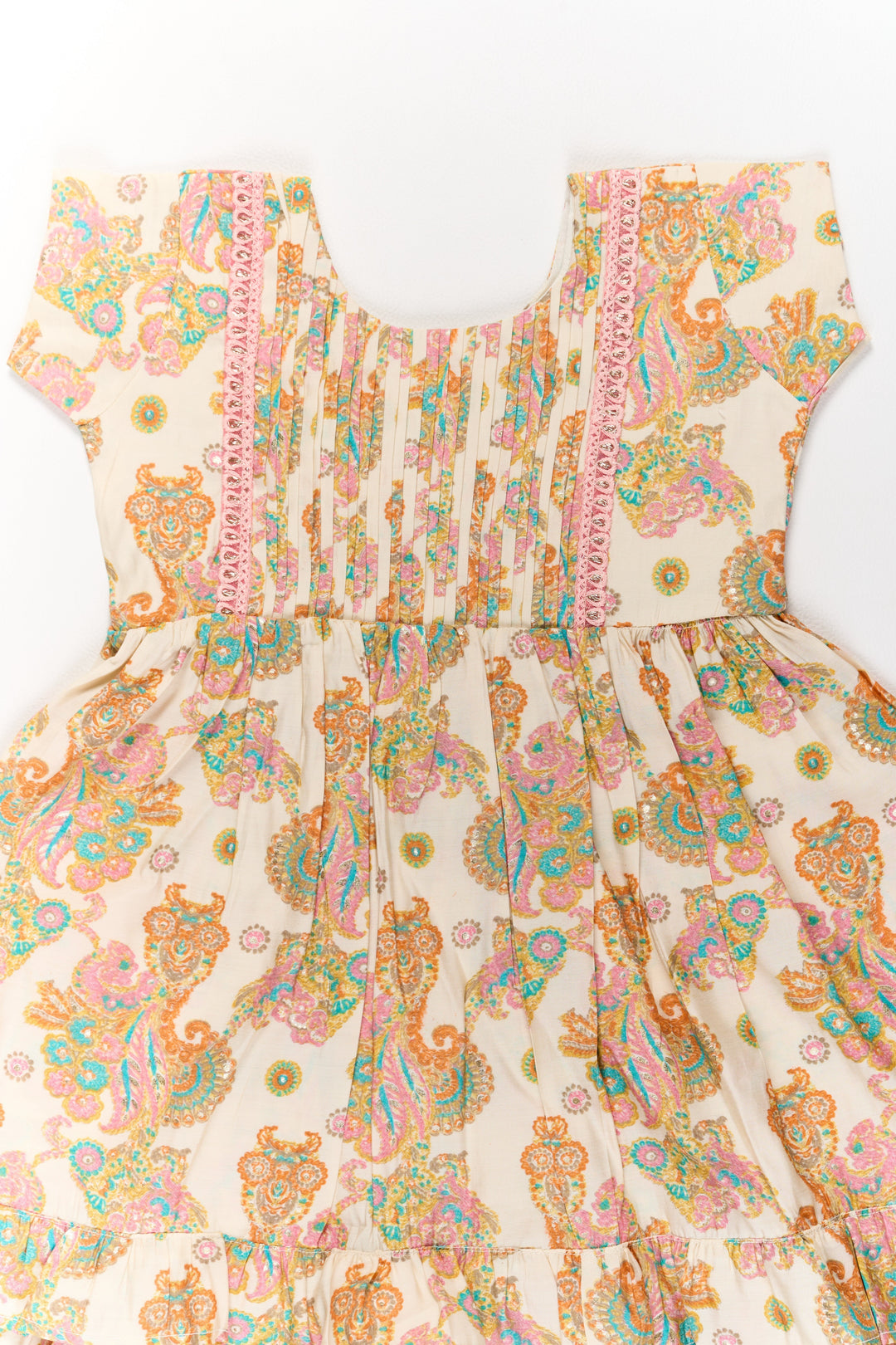 The Nesavu Girls Cotton Frock Charming Multicolor Girls Cotton Midi Frock with Floral Prints and Ruffled Hem Nesavu Nesavu Charming Multicolor Girls Cotton Midi Frock Floral Prints Ruffled Hem