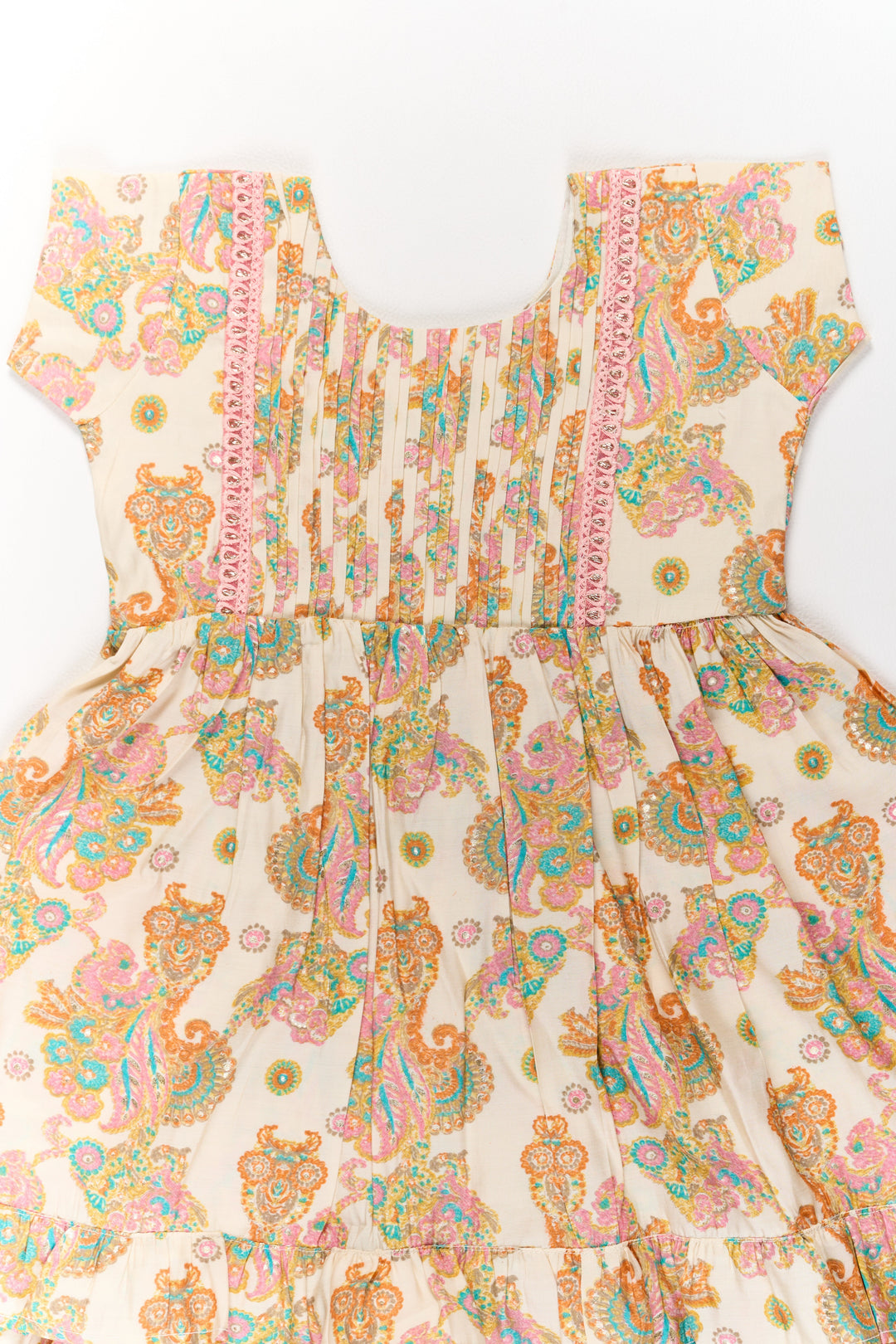 The Nesavu Girls Cotton Frock Charming Multicolor Girls Cotton Midi Frock with Floral Prints and Ruffled Hem Nesavu Nesavu Charming Multicolor Girls Cotton Midi Frock Floral Prints Ruffled Hem