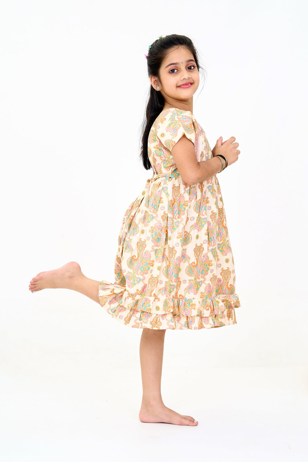 The Nesavu Girls Cotton Frock Charming Multicolor Girls Cotton Midi Frock with Floral Prints and Ruffled Hem Nesavu Nesavu Charming Multicolor Girls Cotton Midi Frock Floral Prints Ruffled Hem