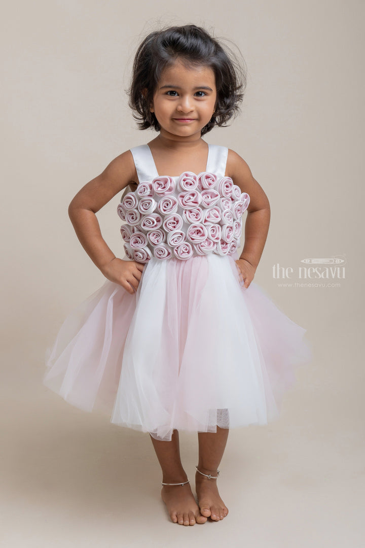 The Nesavu Girls Tutu Frock Charming Onion Pink and White Satin Flower Crafted Soft Tulle Frock for Girls Nesavu 16 (1Y) / White PF112A Trendy Party Frock For Girls | Party Wear Collection | The Nesavu