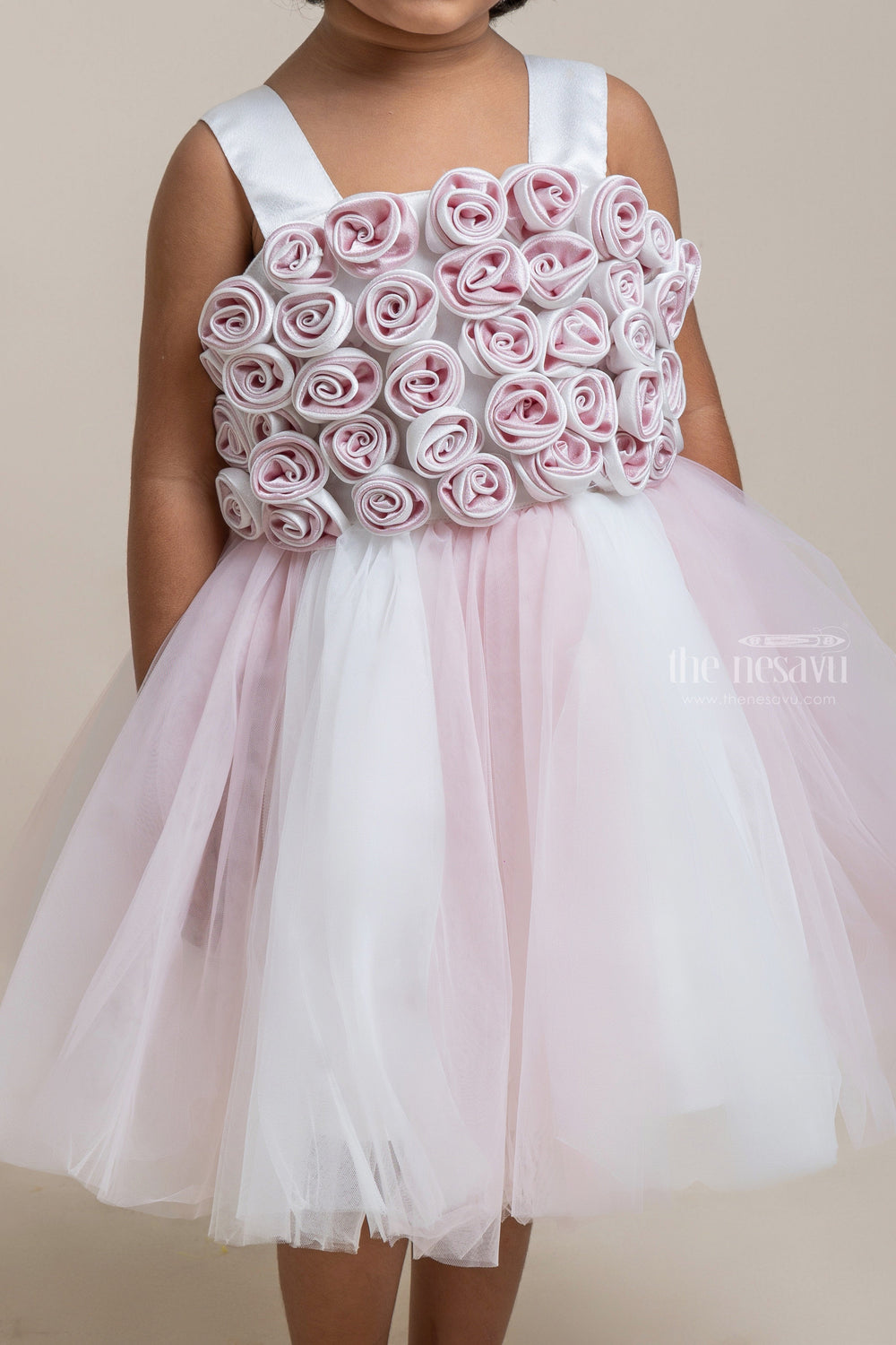 The Nesavu Girls Tutu Frock Charming Onion Pink and White Satin Flower Crafted Soft Tulle Frock for Girls Nesavu Trendy Party Frock For Girls | Party Wear Collection | The Nesavu
