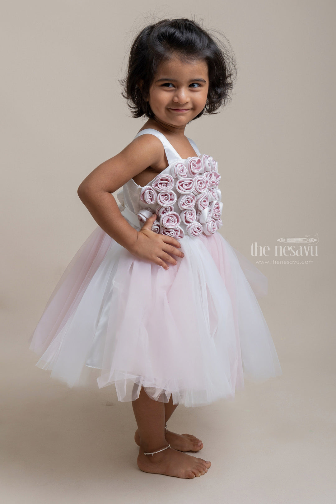 The Nesavu Girls Tutu Frock Charming Onion Pink and White Satin Flower Crafted Soft Tulle Frock for Girls Nesavu Trendy Party Frock For Girls | Party Wear Collection | The Nesavu