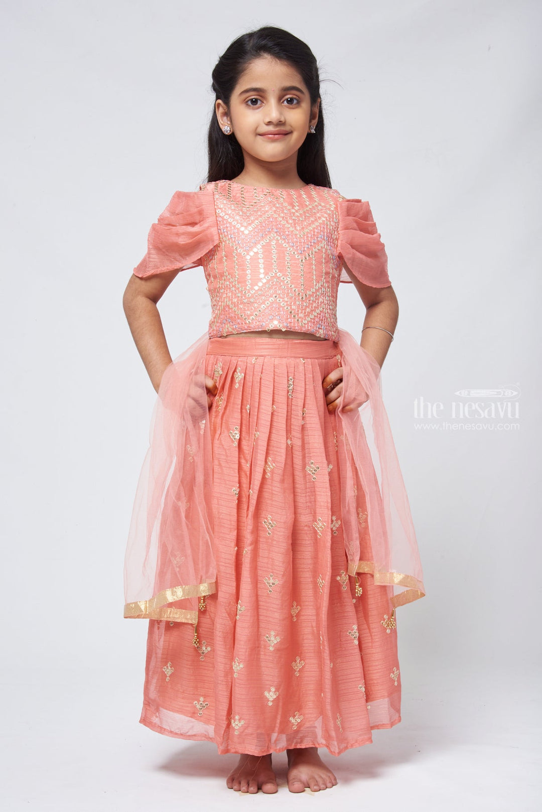 The Nesavu Lehenga & Ghagra Charming Orange Glitter Sequin Embroidered Top And Pleated Lehanga Choli For Girls Nesavu 16 (1Y) / Orange / Organza GL337-16 Premium Lehenga Choli For Girls | Designer Lehanga Set | The Nesavu