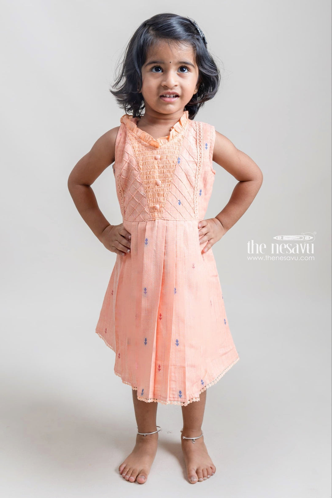 The Nesavu Girls Cotton Frock Charming Orange Sleeveless Pleated Casual Cotton Frock For Girls Nesavu 22 (4Y) / Orange / Chanderi GFC1002B-22 Fantastic Cotton Frocks For Girls | Latest Girls Frock Collection | The Nesavu