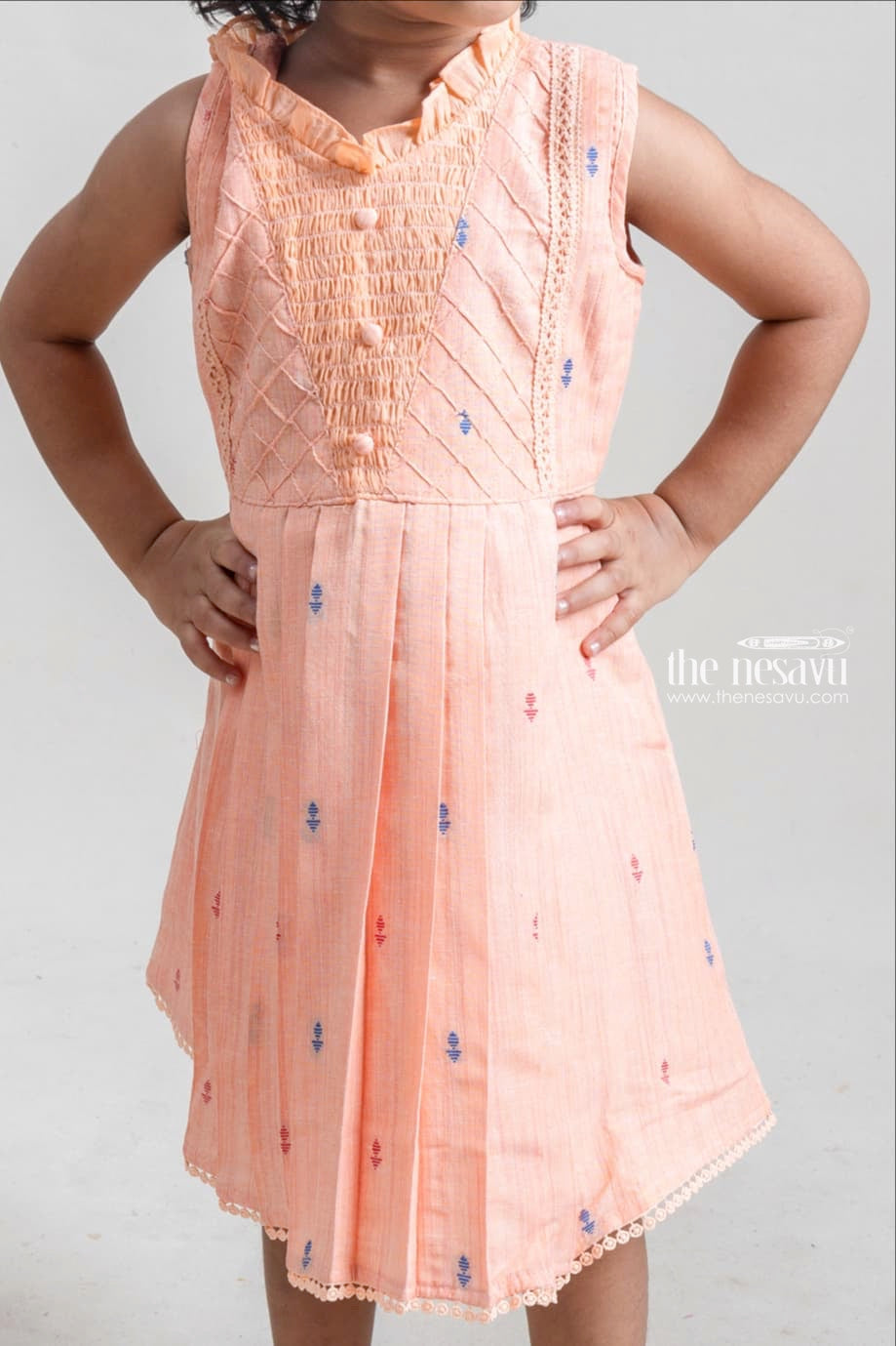 The Nesavu Girls Cotton Frock Charming Orange Sleeveless Pleated Casual Cotton Frock For Girls Nesavu Fantastic Cotton Frocks For Girls | Latest Girls Frock Collection | The Nesavu
