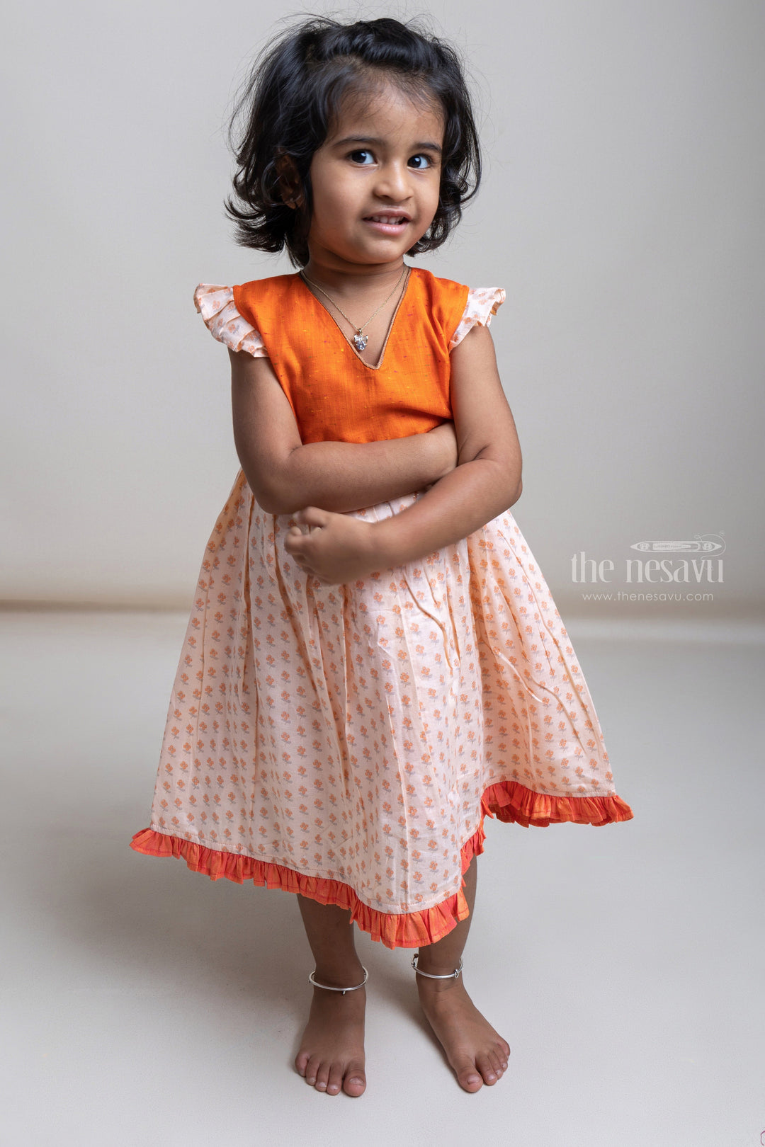 The Nesavu Girls Cotton Frock Charming Orange Yoke And Floral Printed Cotton Frock For Girls Nesavu 12 (3M) / Orange / Cotton GFC757B Gorgeous Floral Printed Cotton Frock For Girls | The Nesavu