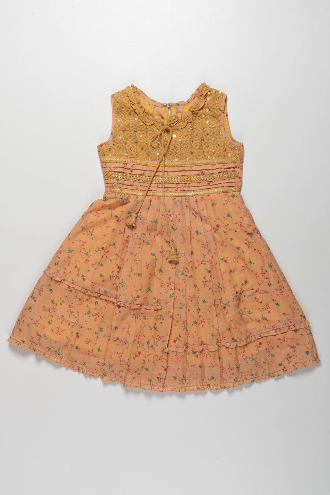 The Nesavu Girls Cotton Frock Charming Peach Girls Cotton Frock with Floral Print - Ideal for Summer Outings Nesavu 22 (4Y) / Orange / Poly Crepe GFC1156C-22 Charming Peach Girls Cotton Frock with Floral Print | Ideal for Summer Outings | The Nesavu