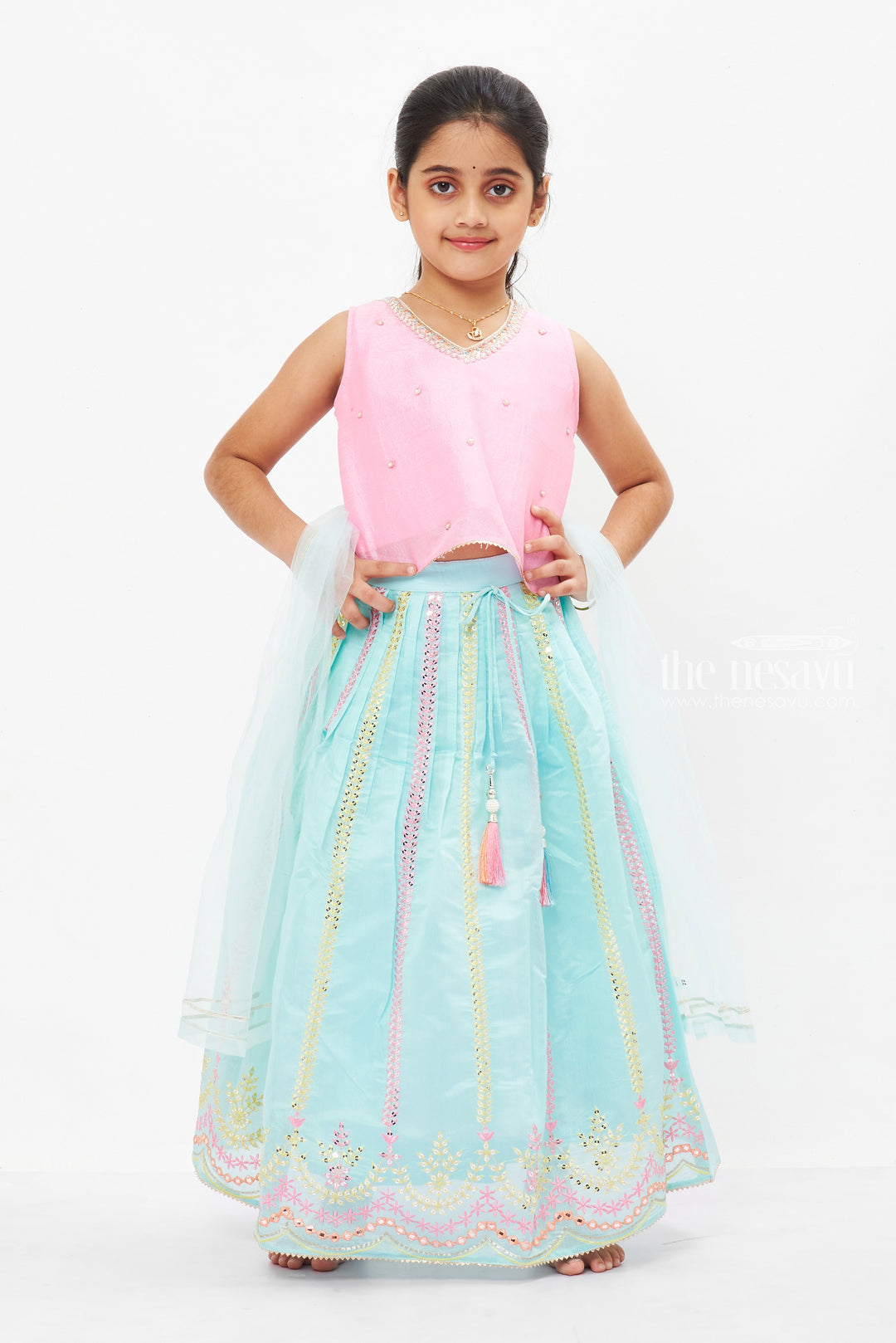 The Nesavu Girls Lehenga Choli Charming Pink and Blue Lehenga Choli for Girls- Ethnic Kids Wear Nesavu 16 (1Y) / Blue / Chanderi GL430A-16 Pink Blouse & Blue Lehenga Choli Set | Traditional Festive Outfit for Girls | The Nesavu