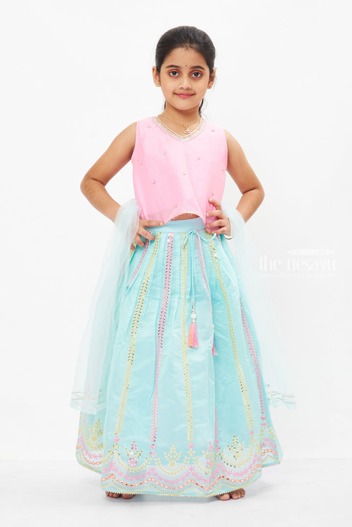 The Nesavu Girls Lehenga Choli Charming Pink and Blue Lehenga Choli for Girls- Ethnic Kids Wear Nesavu 16 (1Y) / Blue / Chanderi GL430A-16 Pink Blouse & Blue Lehenga Choli Set | Traditional Festive Outfit for Girls | The Nesavu