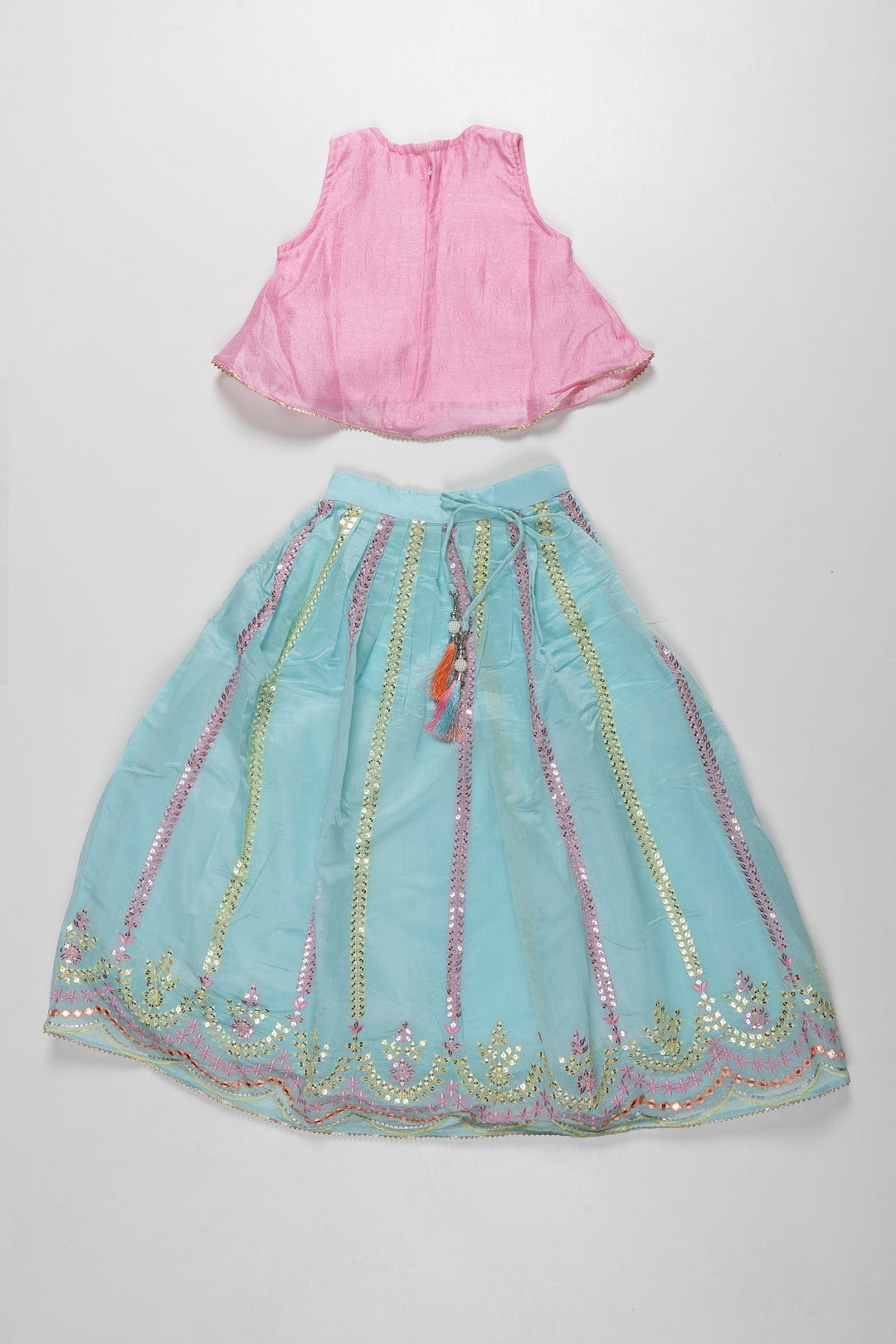 The Nesavu Girls Lehenga Choli Charming Pink and Blue Lehenga Choli for Girls- Ethnic Kids Wear Nesavu Pink Blouse & Blue Lehenga Choli Set | Traditional Festive Outfit for Girls | The Nesavu