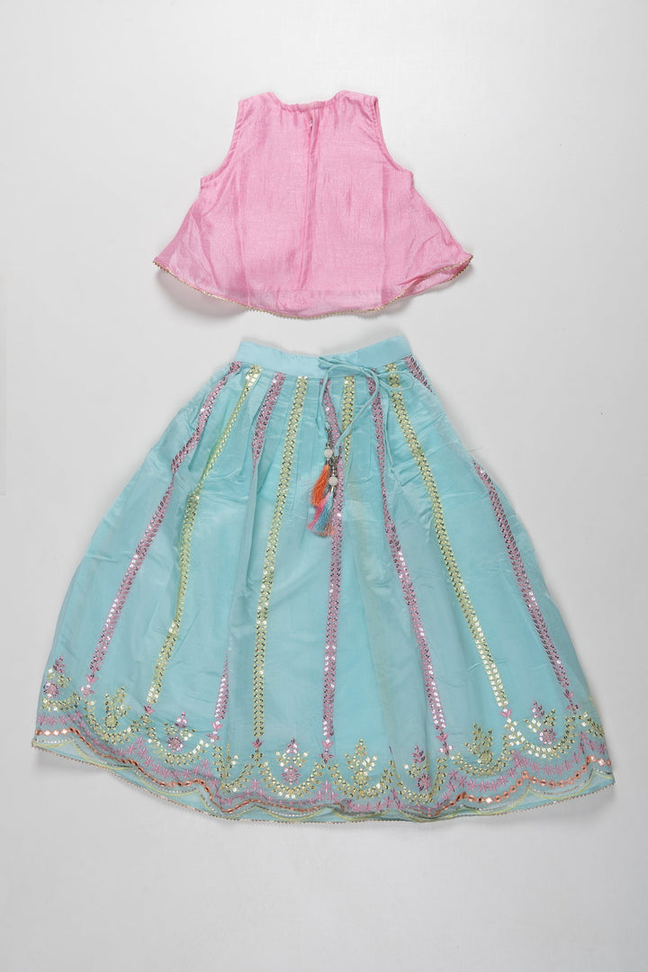 The Nesavu Girls Lehenga Choli Charming Pink and Blue Lehenga Choli for Girls- Ethnic Kids Wear Nesavu Pink Blouse & Blue Lehenga Choli Set | Traditional Festive Outfit for Girls | The Nesavu