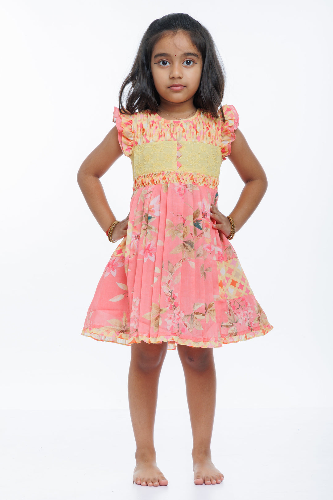 The Nesavu Girls Cotton Frock Charming Pink Cotton Floral Frock with Lace Accents for Girls Nesavu 22 (4Y) / Pink / Cotton GFC1269B-22 Girls Pink Floral Cotton Frock | Lace Detailed Summer Dress for Kids | The Nesavu
