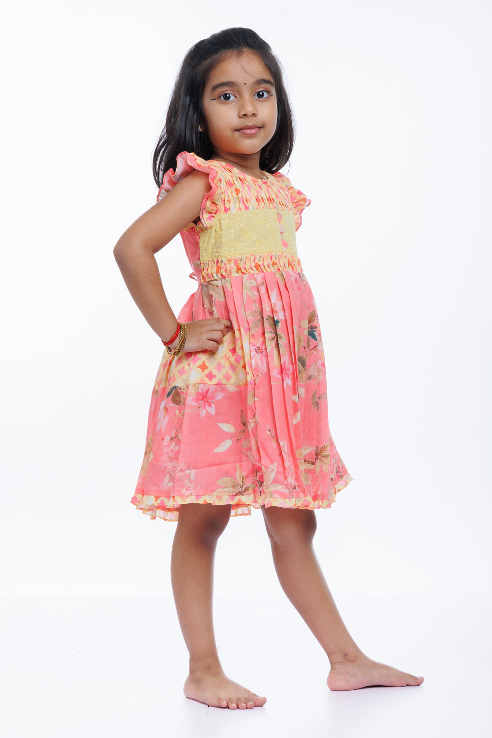 The Nesavu Girls Cotton Frock Charming Pink Cotton Floral Frock with Lace Accents for Girls Nesavu Girls Pink Floral Cotton Frock | Lace Detailed Summer Dress for Kids | The Nesavu