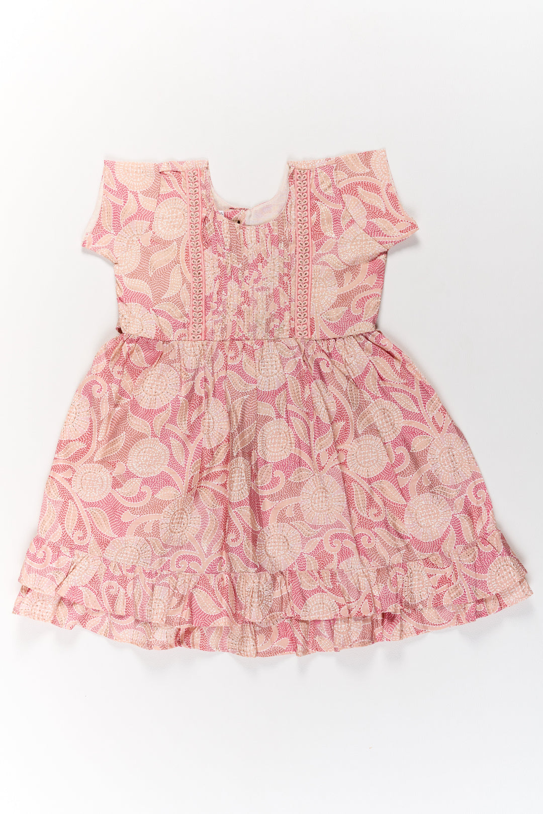 The Nesavu Girls Cotton Frock Charming Pink Cotton Girls Frock with Floral Patterns and Ruffled Sleeves for Everyday Wear Nesavu 16 (1Y) / Pink GFC1594B-16 Nesavu Charming Pink Cotton Girls Frock Floral Patterns Ruffled Sleeves Everyday Wear