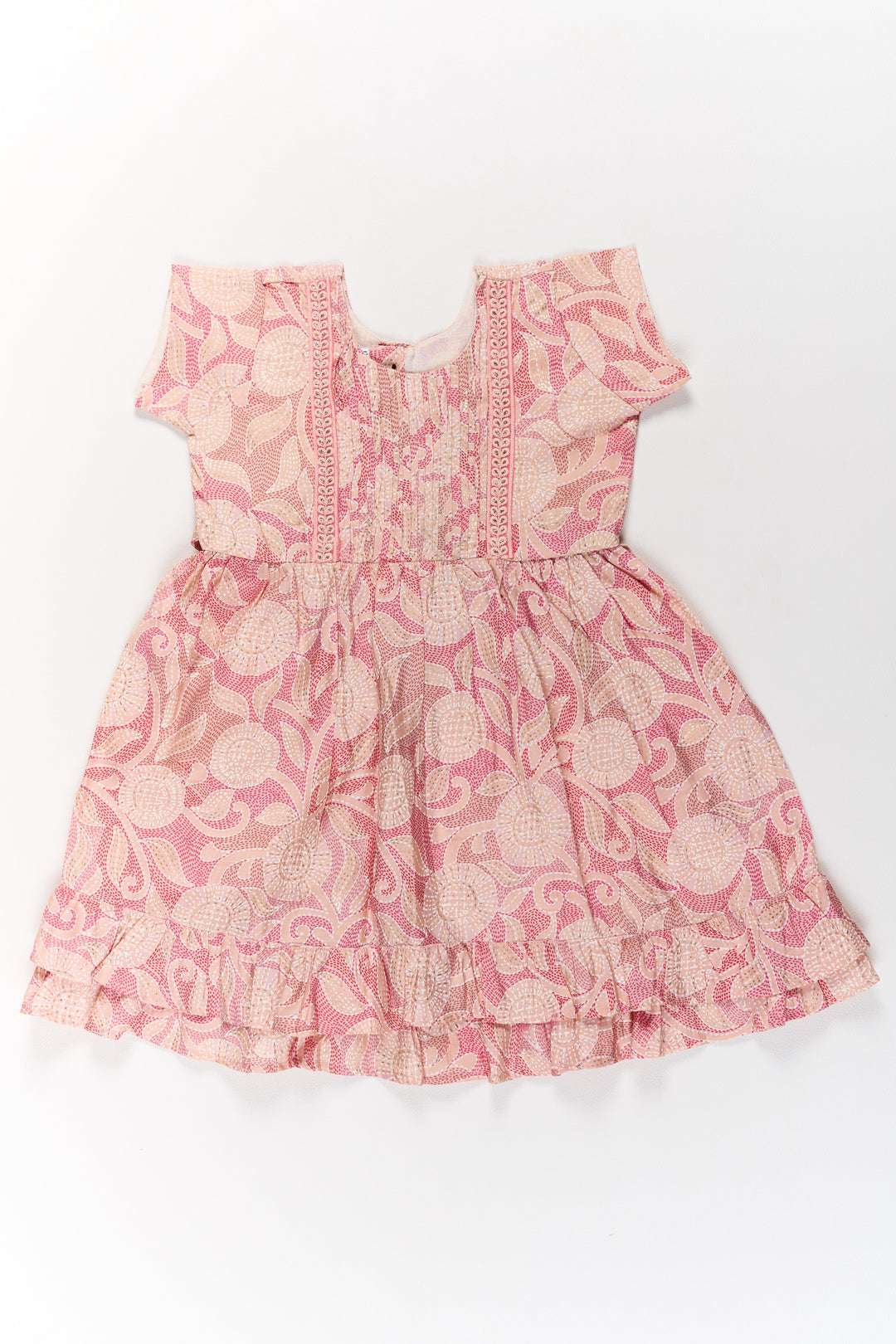 The Nesavu Girls Cotton Frock Charming Pink Cotton Girls Frock with Floral Patterns and Ruffled Sleeves for Everyday Wear Nesavu 16 (1Y) / Pink GFC1594B-16 Nesavu Charming Pink Cotton Girls Frock Floral Patterns Ruffled Sleeves Everyday Wear