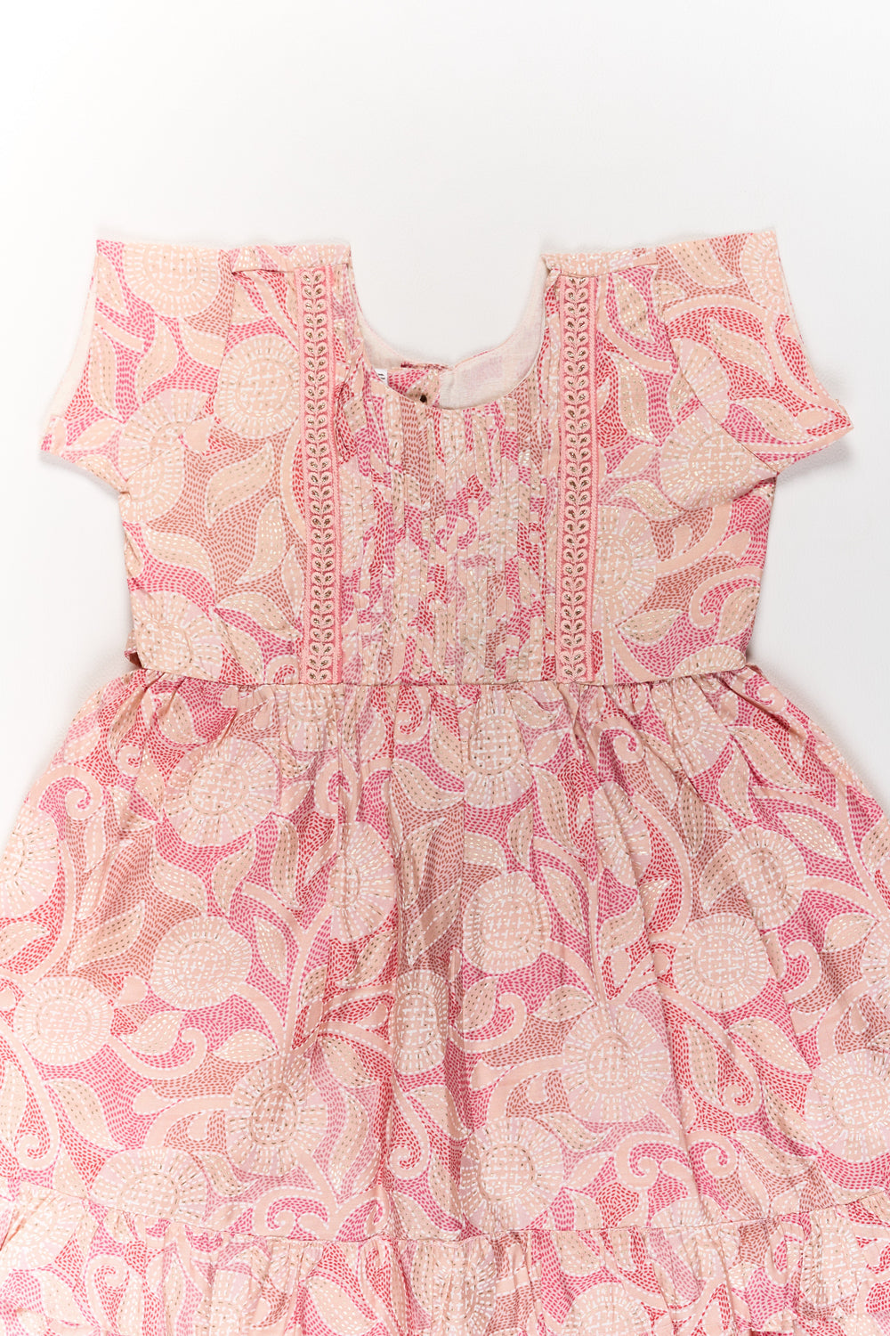 The Nesavu Girls Cotton Frock Charming Pink Cotton Girls Frock with Floral Patterns and Ruffled Sleeves for Everyday Wear Nesavu Nesavu Charming Pink Cotton Girls Frock Floral Patterns Ruffled Sleeves Everyday Wear