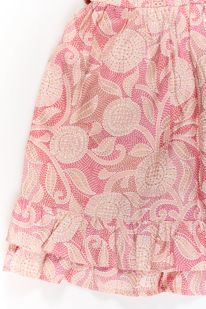 The Nesavu Girls Cotton Frock Charming Pink Cotton Girls Frock with Floral Patterns and Ruffled Sleeves for Everyday Wear Nesavu Nesavu Charming Pink Cotton Girls Frock Floral Patterns Ruffled Sleeves Everyday Wear