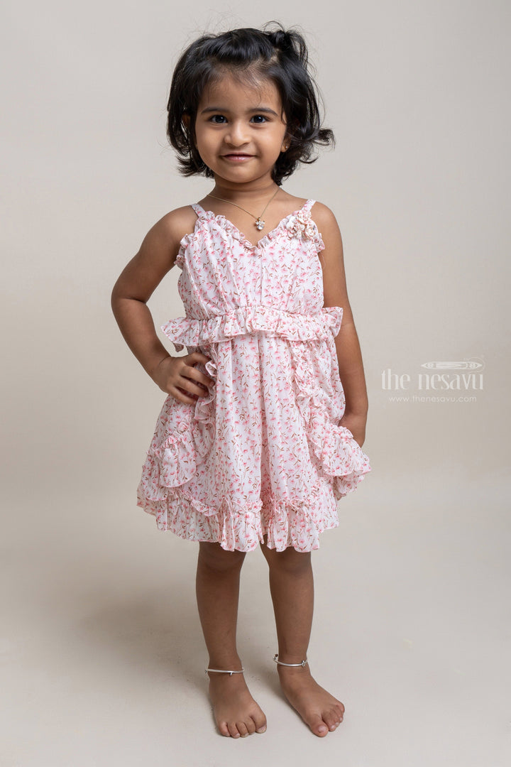 The Nesavu Baby Fancy Frock Charming Pink Floral Printed Ruffled Chiffon Frock For baby girls Nesavu 14 (6M) / Pink / Georgette BFJ352A Baby girl cotton frocks | Latest Collection For Baby Frocks | The Nesavu