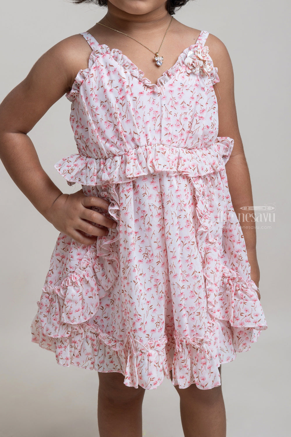 The Nesavu Baby Fancy Frock Charming Pink Floral Printed Ruffled Chiffon Frock For baby girls Nesavu Baby girl cotton frocks | Latest Collection For Baby Frocks | The Nesavu