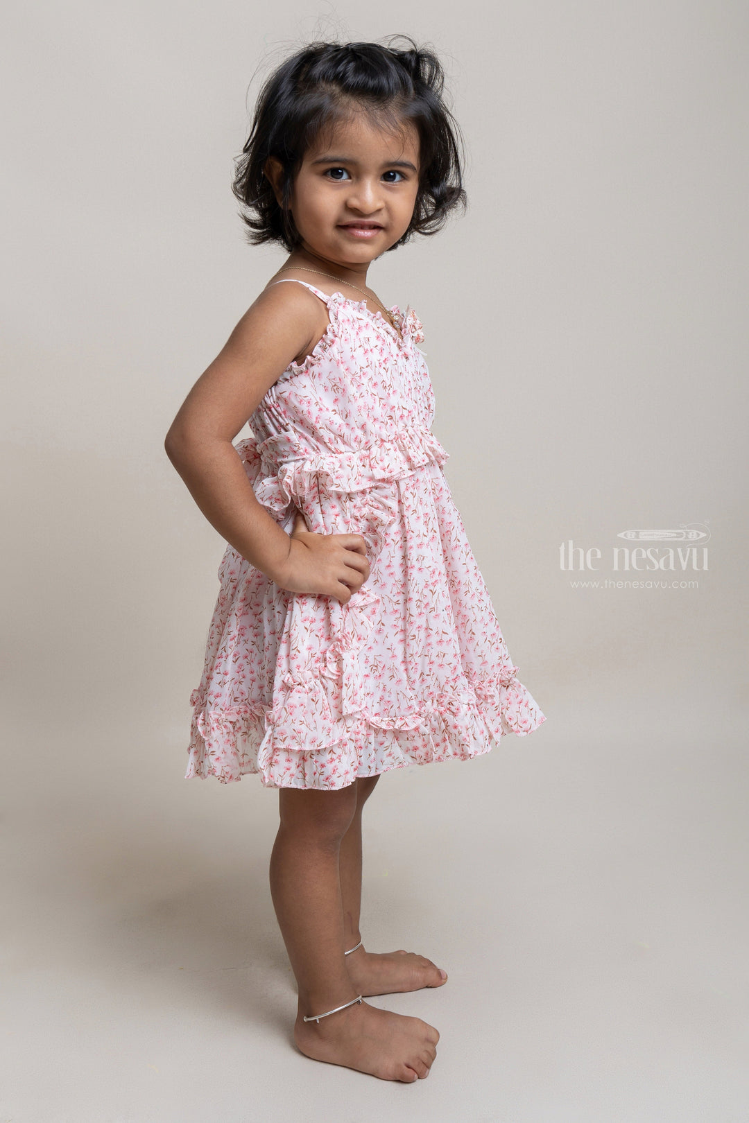 The Nesavu Baby Fancy Frock Charming Pink Floral Printed Ruffled Chiffon Frock For baby girls Nesavu Baby girl cotton frocks | Latest Collection For Baby Frocks | The Nesavu
