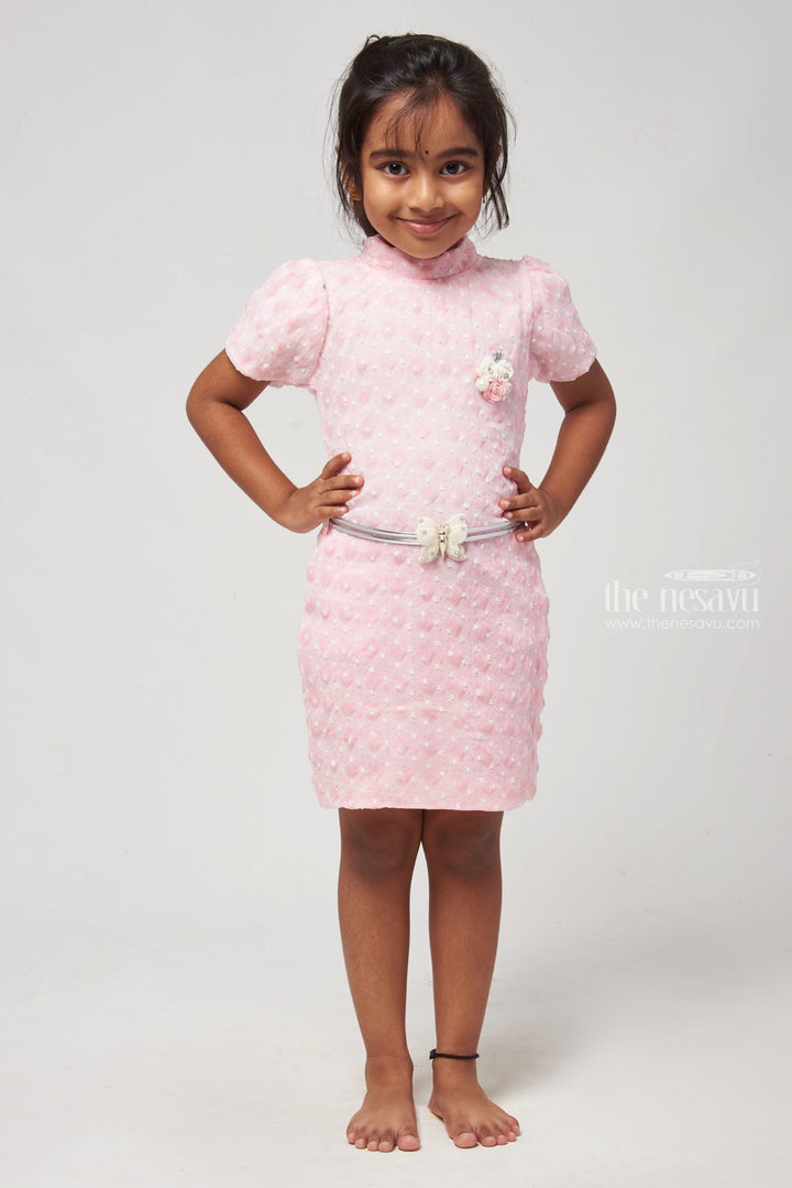 The Nesavu Baby Frock / Jhabla Charming Pink High Neck Baby Dress in Lucknow Chikan Nesavu 18 (2Y) / Pink BFJ431B-18 Baby Fancy Frock Collection | Baby Dress Online | The Nesavu