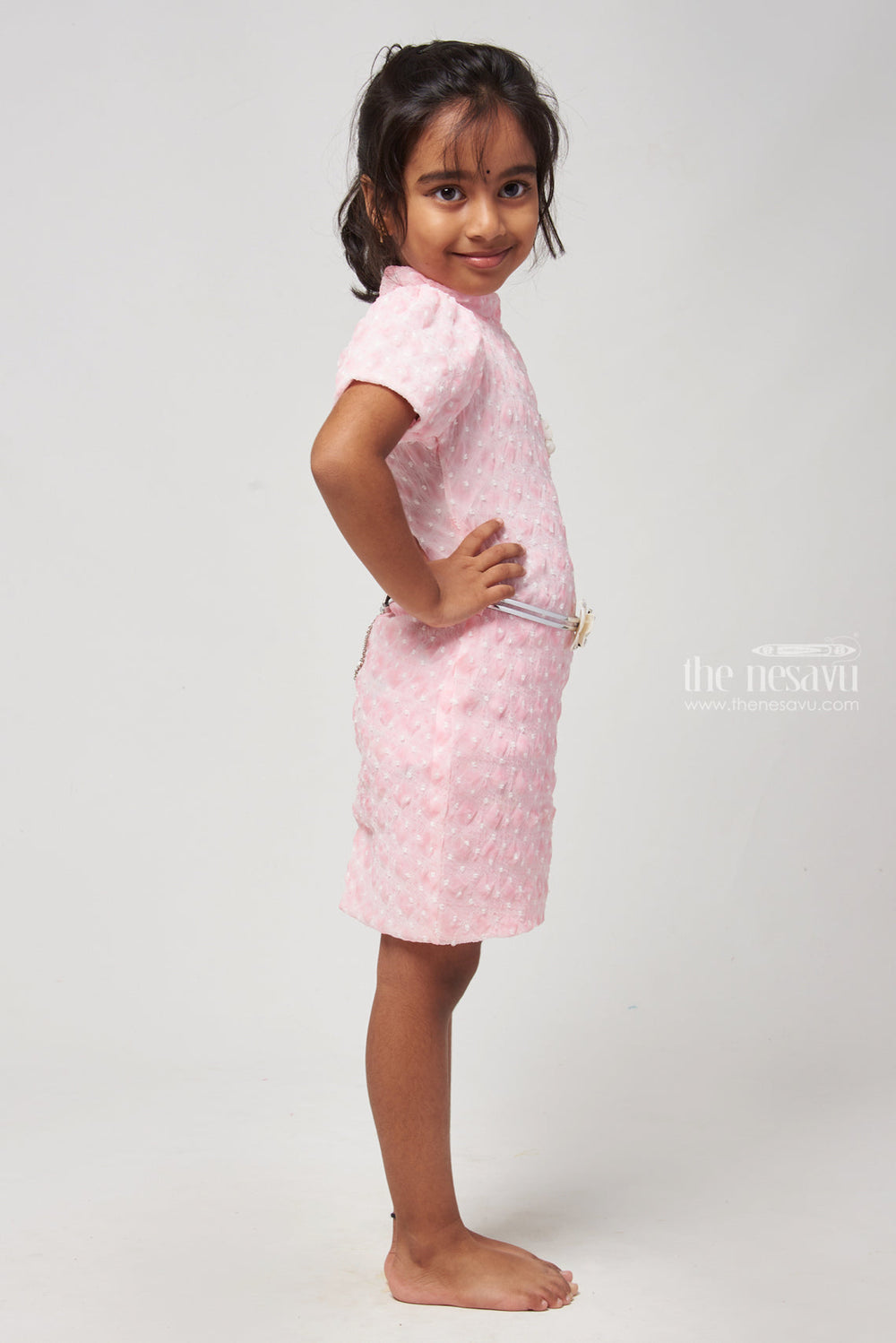 The Nesavu Baby Frock / Jhabla Charming Pink High Neck Baby Dress in Lucknow Chikan Nesavu Baby Fancy Frock Collection | Baby Dress Online | The Nesavu