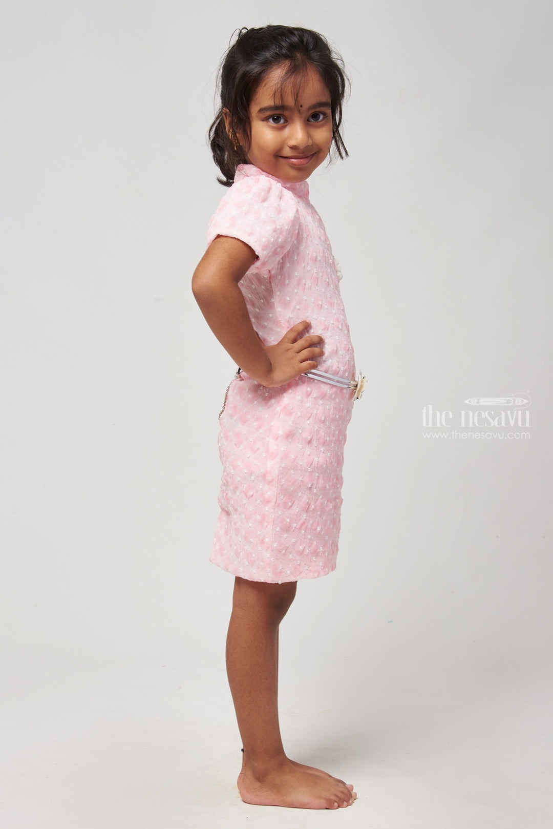 The Nesavu Baby Frock / Jhabla Charming Pink High Neck Baby Dress in Lucknow Chikan Nesavu Baby Fancy Frock Collection | Baby Dress Online | The Nesavu