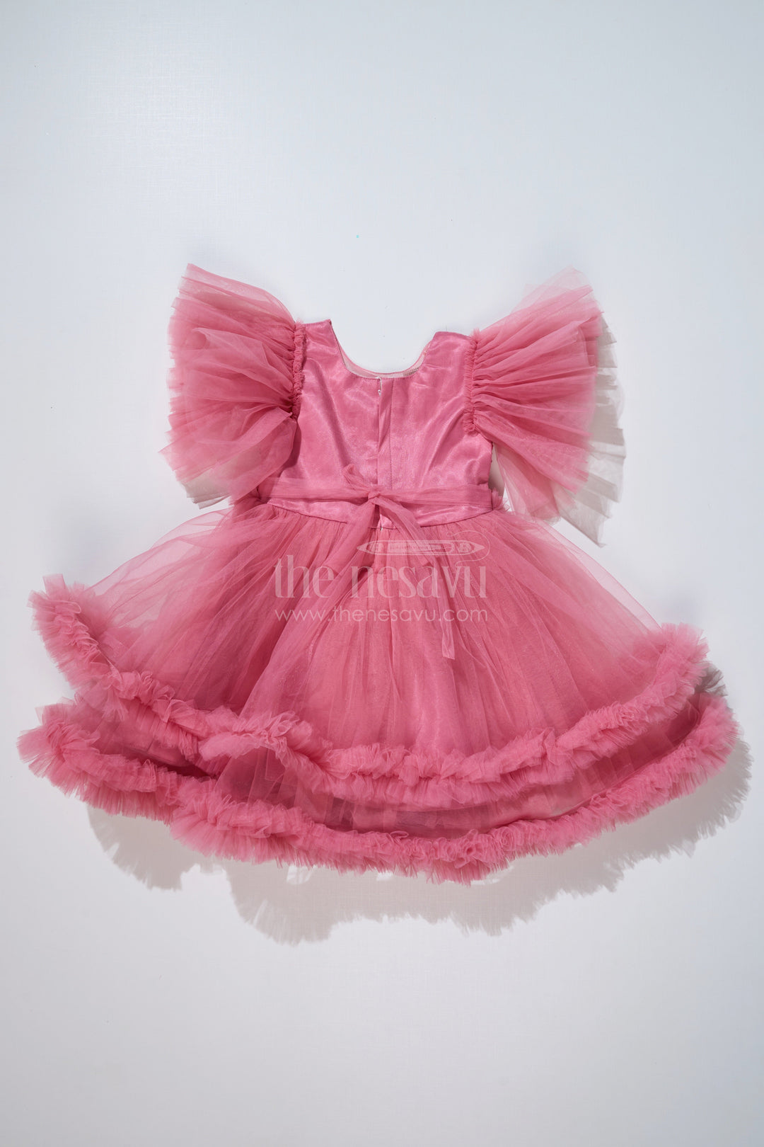 The Nesavu Girls Fancy Party Frock Charming Pink Short Party Dress for Girls with Floral Sequin Details and Ruffled Skirt Nesavu Nesavu Pink Short Party Dress Girls Sequin Bodice Ruffled Net Skirt