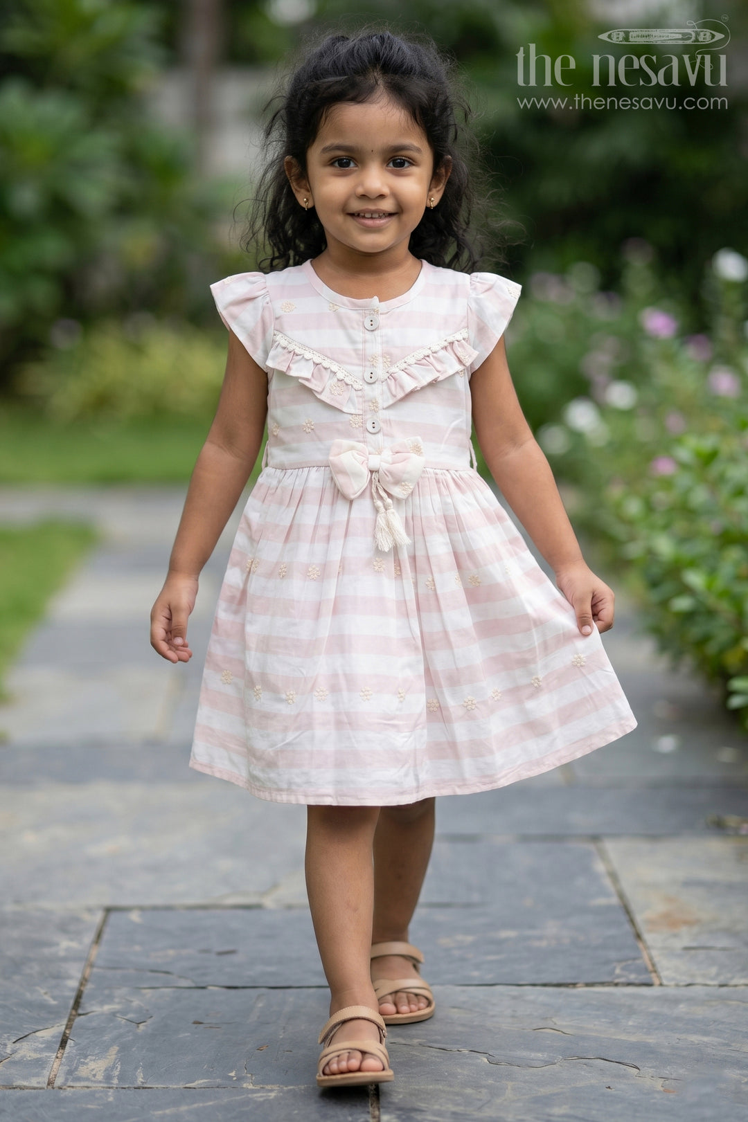 The Nesavu Girls Cotton Frock Charming Pink Striped Cotton Frock for Kids with Tassel and Bow Embellishments Cotton Frock Kids Nesavu 22 (4Y) / Pink GFC1493A-22 Nesavu Pink Striped Cotton Frock Kids Tassels Bow  Stylish Comfortable