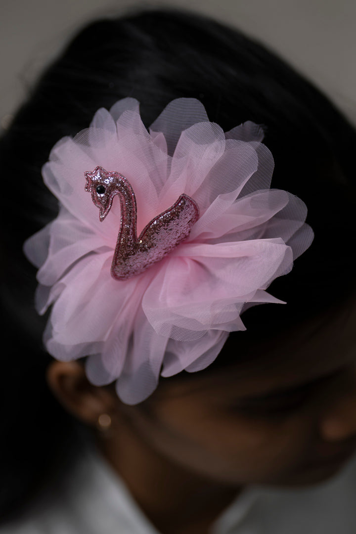 The Nesavu Hair Clip Charming Pink Swan Tulle Hair Clip with Glitter Detail for Girls Nesavu Pink JHCL67A Glitter Pink Swan Hair Clip for Girls | Tulle Feathered Hair Accessory | The Nesavu