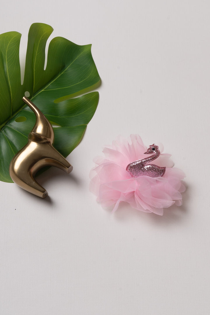 The Nesavu Hair Clip Charming Pink Swan Tulle Hair Clip with Glitter Detail for Girls Nesavu Pink JHCL67A Glitter Pink Swan Hair Clip for Girls | Tulle Feathered Hair Accessory | The Nesavu