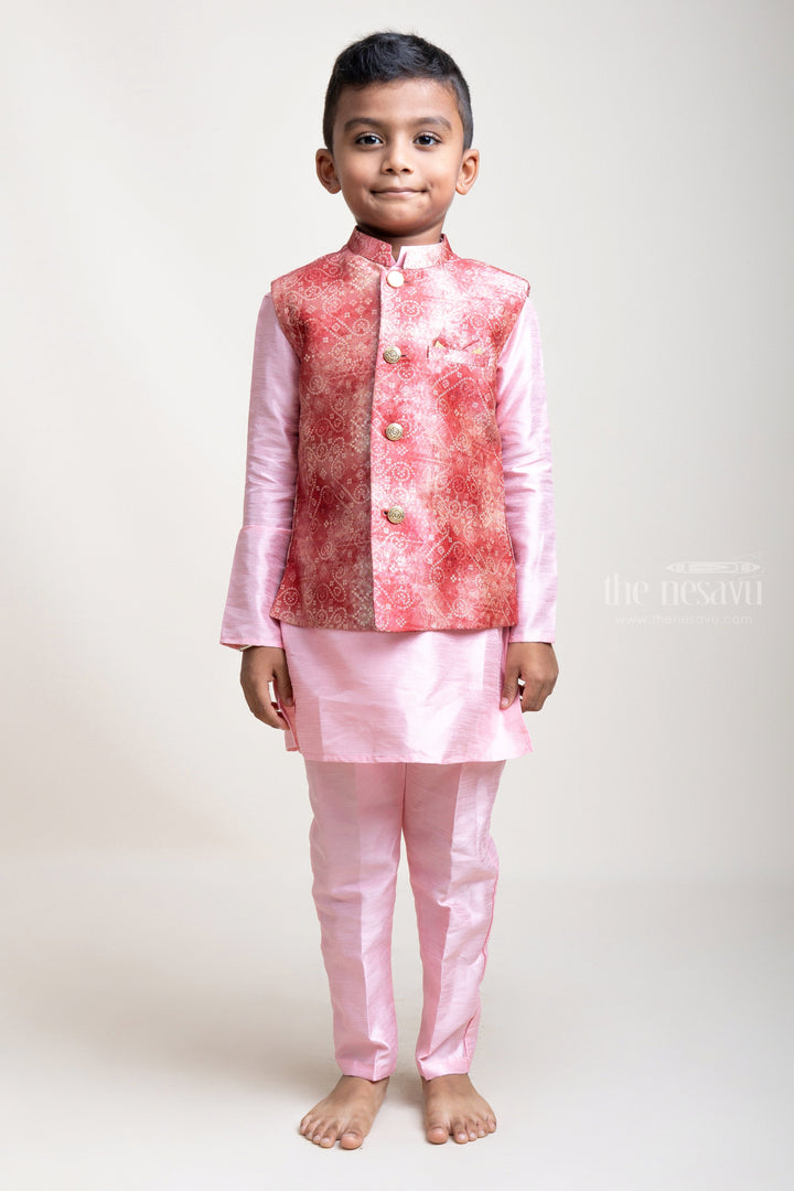 The Nesavu Boys Jacket Sets Charming Pink Three Piece Cotton Kurta Set With Designer Overcoat For Boys psr silks Nesavu 22 (4Y) / Salmon / Silk Blend BES259