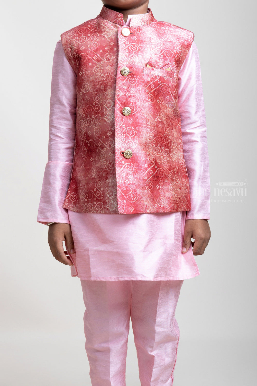 The Nesavu Boys Jacket Sets Charming Pink Three Piece Cotton Kurta Set With Designer Overcoat For Boys psr silks Nesavu