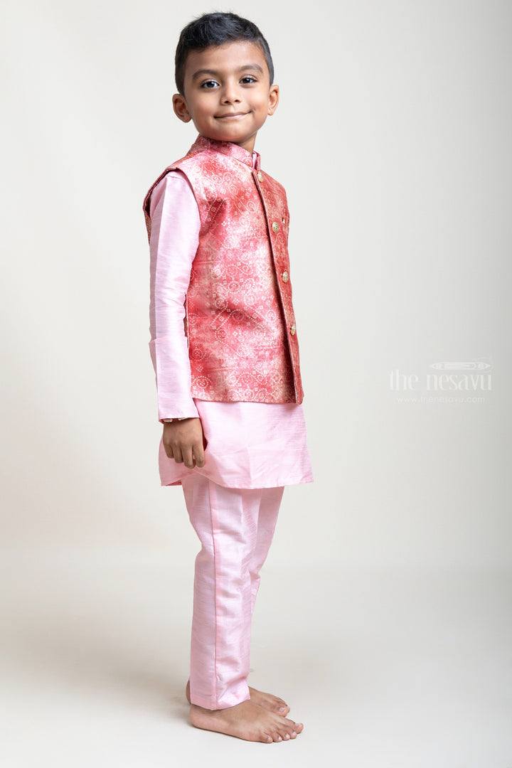 The Nesavu Boys Jacket Sets Charming Pink Three Piece Cotton Kurta Set With Designer Overcoat For Boys psr silks Nesavu