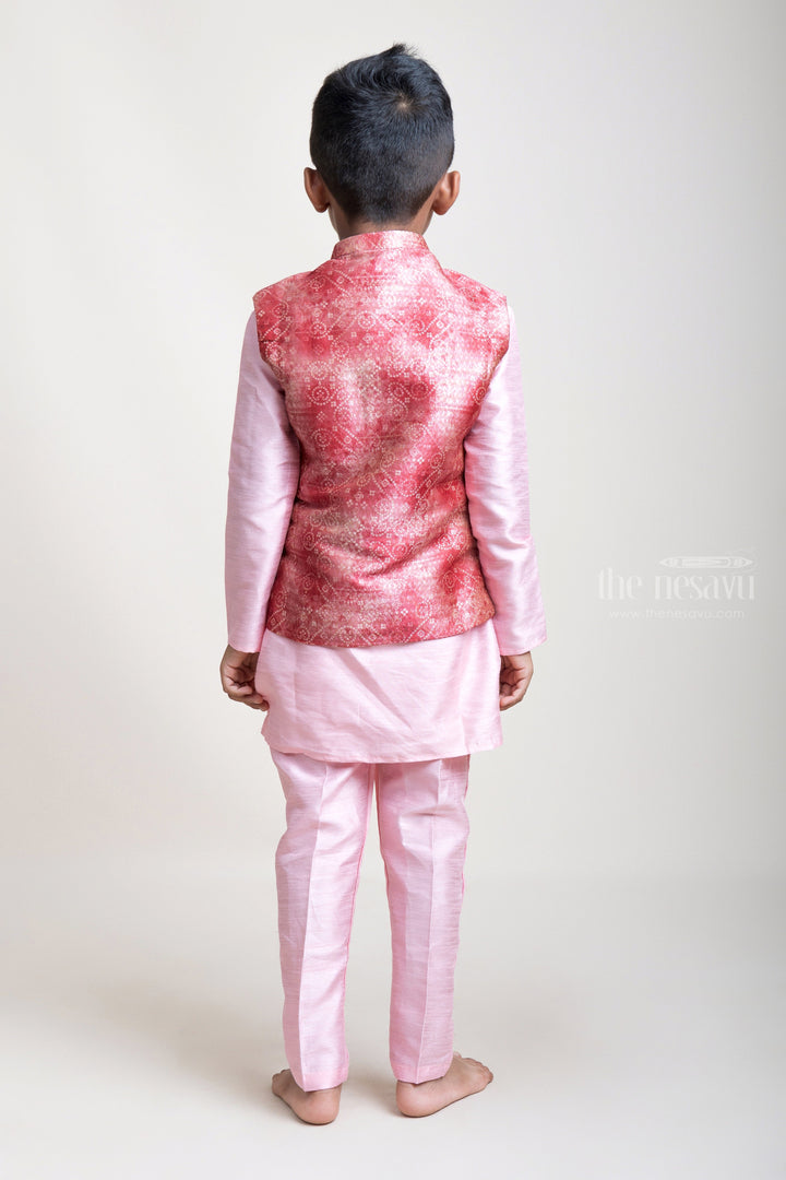The Nesavu Boys Jacket Sets Charming Pink Three Piece Cotton Kurta Set With Designer Overcoat For Boys psr silks Nesavu