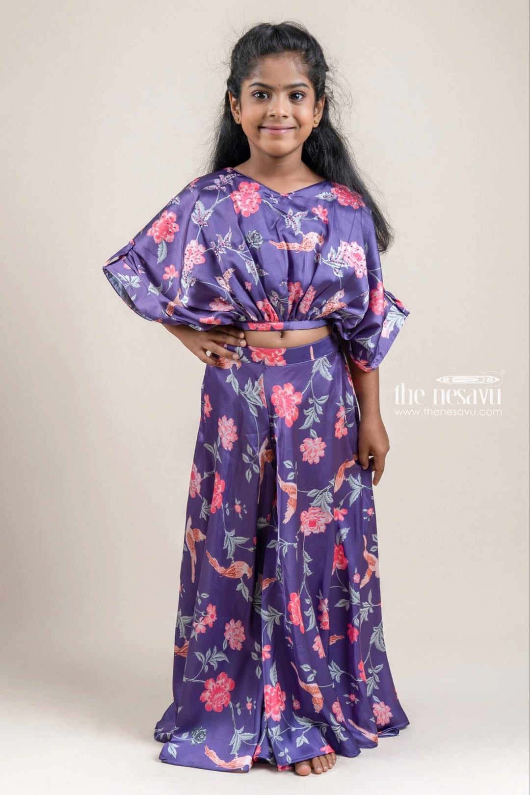 The Nesavu Girls Sharara / Plazo Set Charming Purple Floral Printed Top And Skirt For Young Girls Nesavu 24 (5Y) / Purple / Chinnon Chiffon GPS142-24 Premium Floral Printed Top And Skirt | Tunic Top Collection | The Nesavu