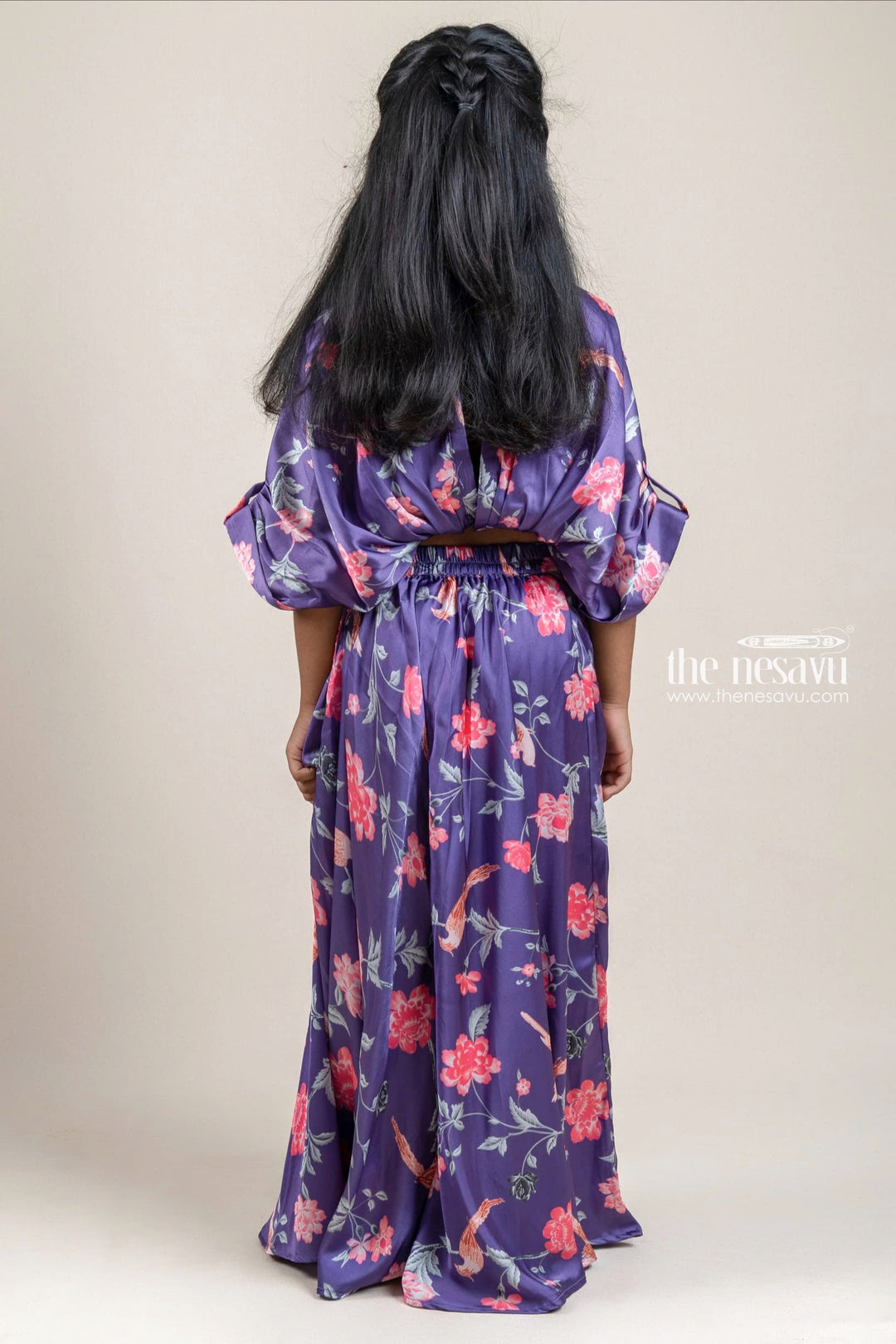 The Nesavu Girls Sharara / Plazo Set Charming Purple Floral Printed Top And Skirt For Young Girls Nesavu Premium Floral Printed Top And Skirt | Tunic Top Collection | The Nesavu