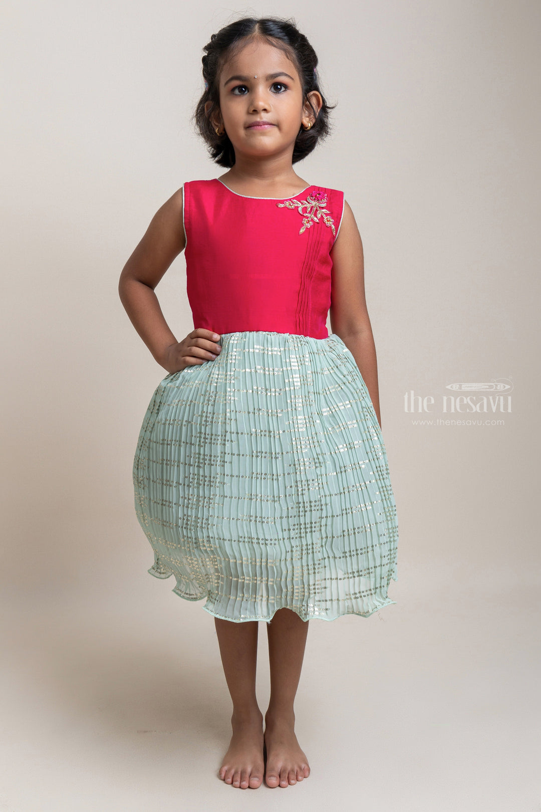 The Nesavu Girls Fancy Party Frock Charming Red And Lurex georgette pleated Sleeveless Party Frock For Girls Nesavu 16 (1Y) / Green / Georgette SF555 Latest Silk Frock Collection For Girls | Premium Pattu Frock | The Nesavu