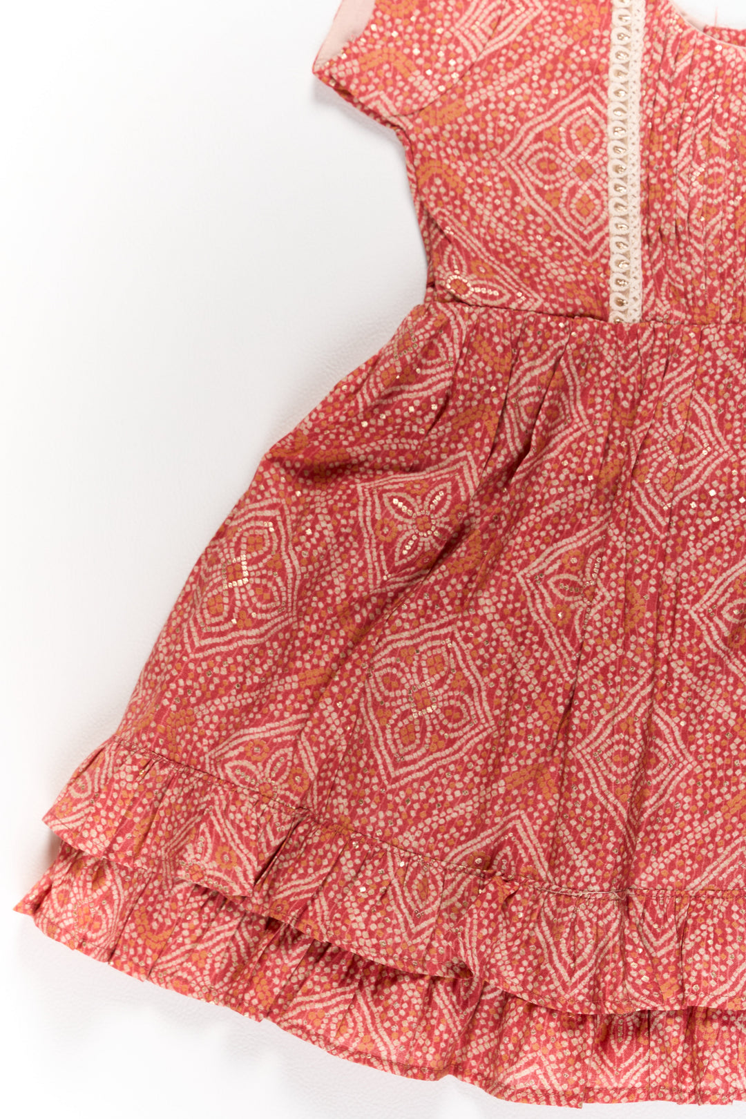 The Nesavu Girls Cotton Frock Charming Red Cotton Mini Frock for Girls with Delicate Prints and Flared Hem Nesavu Nesavu Charming Red Cotton Mini Frock Girls Delicate Prints Flared Hem