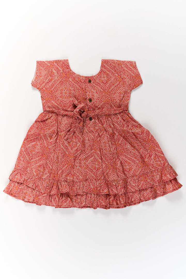 The Nesavu Girls Cotton Frock Charming Red Cotton Mini Frock for Girls with Delicate Prints and Flared Hem Nesavu Nesavu Charming Red Cotton Mini Frock Girls Delicate Prints Flared Hem