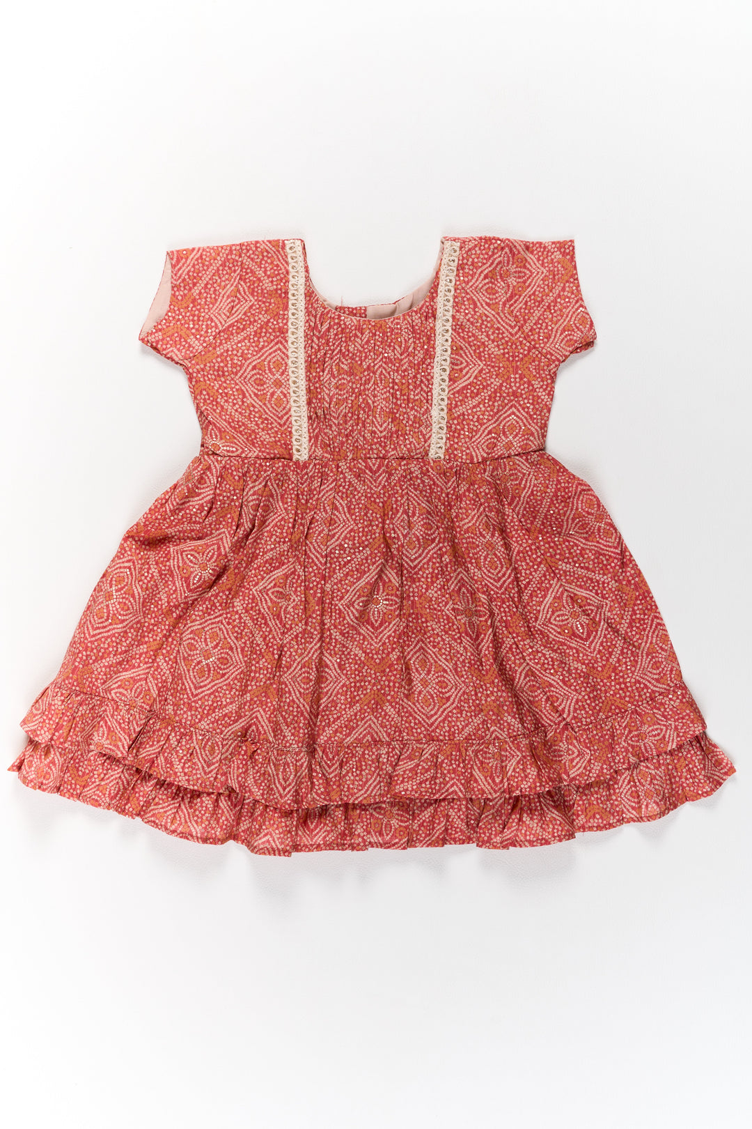The Nesavu Girls Cotton Frock Charming Red Cotton Mini Frock for Girls with Delicate Prints and Flared Hem Nesavu Nesavu Charming Red Cotton Mini Frock Girls Delicate Prints Flared Hem