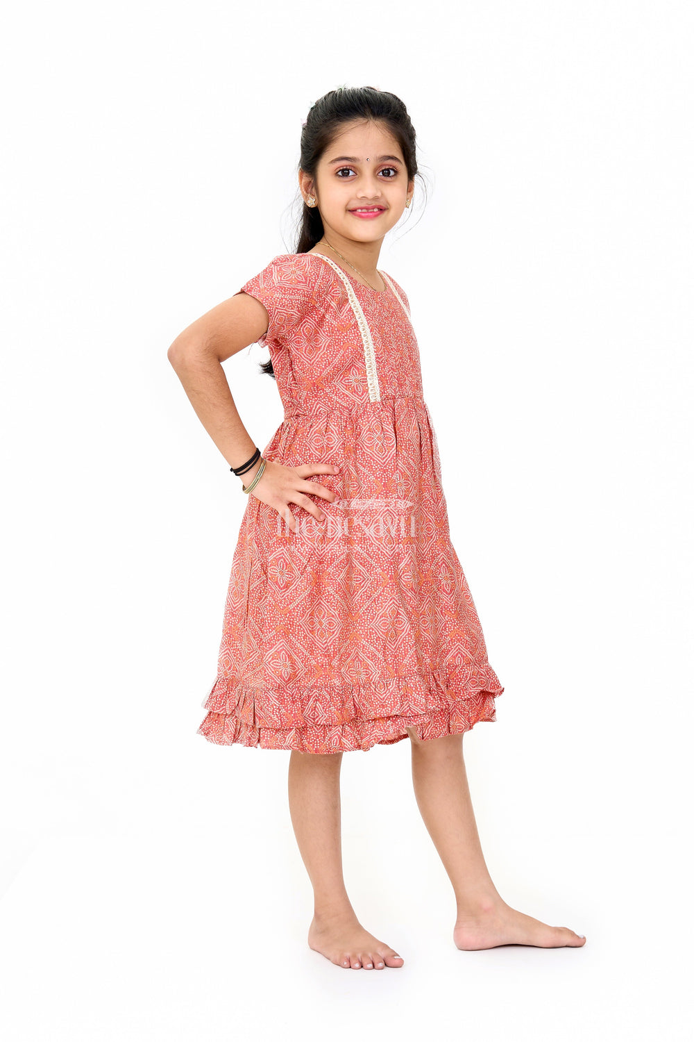 The Nesavu Girls Cotton Frock Charming Red Cotton Mini Frock for Girls with Delicate Prints and Flared Hem Nesavu Nesavu Charming Red Cotton Mini Frock Girls Delicate Prints Flared Hem