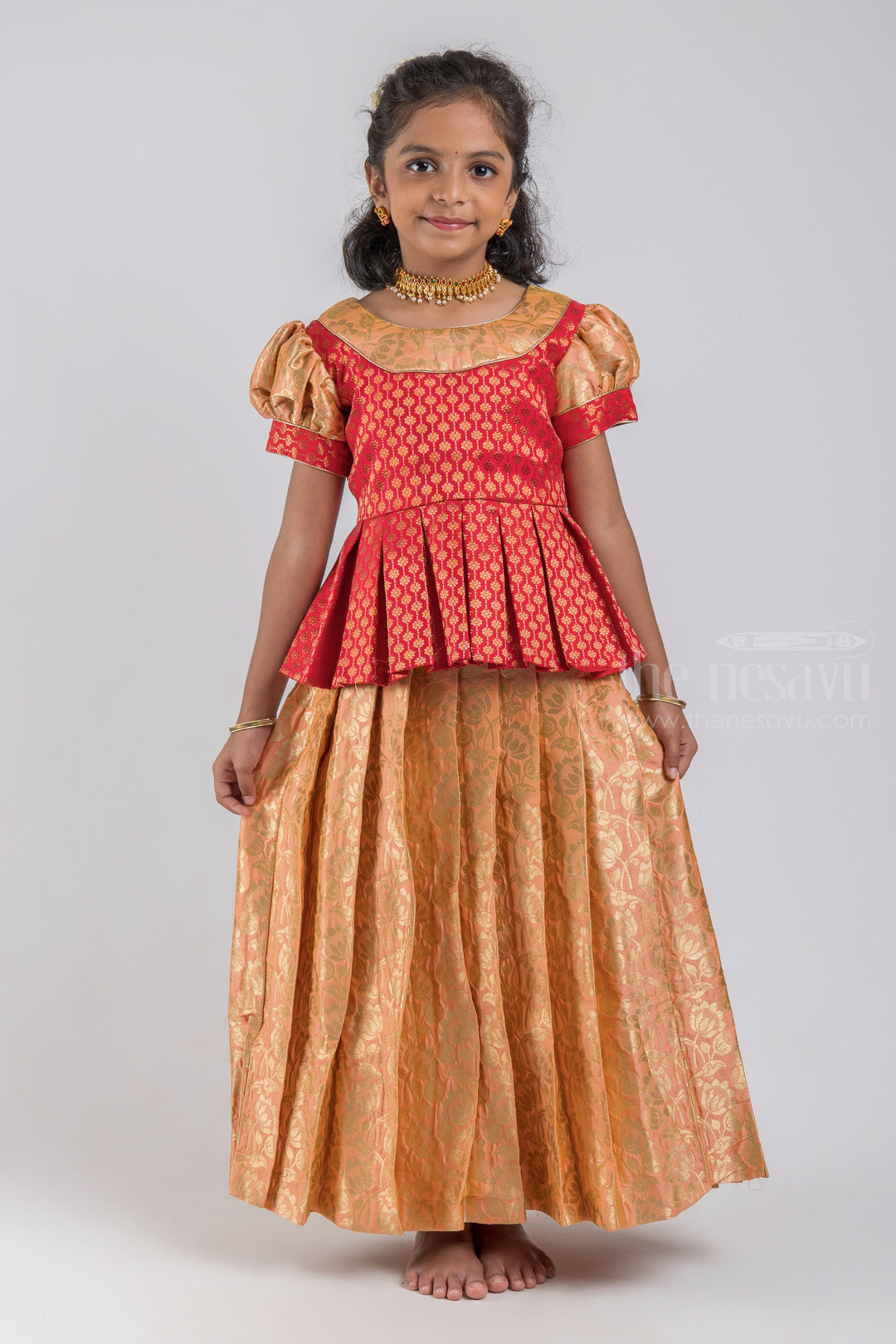 The Nesavu Pattu Pavadai Charming Red Floral Designer Pleated Skirt And Beige Pleated Pattu Pavadai For Girls psr silks Nesavu 16 (1Y) / Beige / Jacquard GPP257