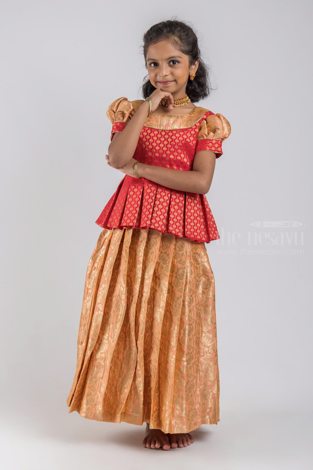 The Nesavu Pattu Pavadai Charming Red Floral Designer Pleated Skirt And Beige Pleated Pattu Pavadai For Girls psr silks Nesavu